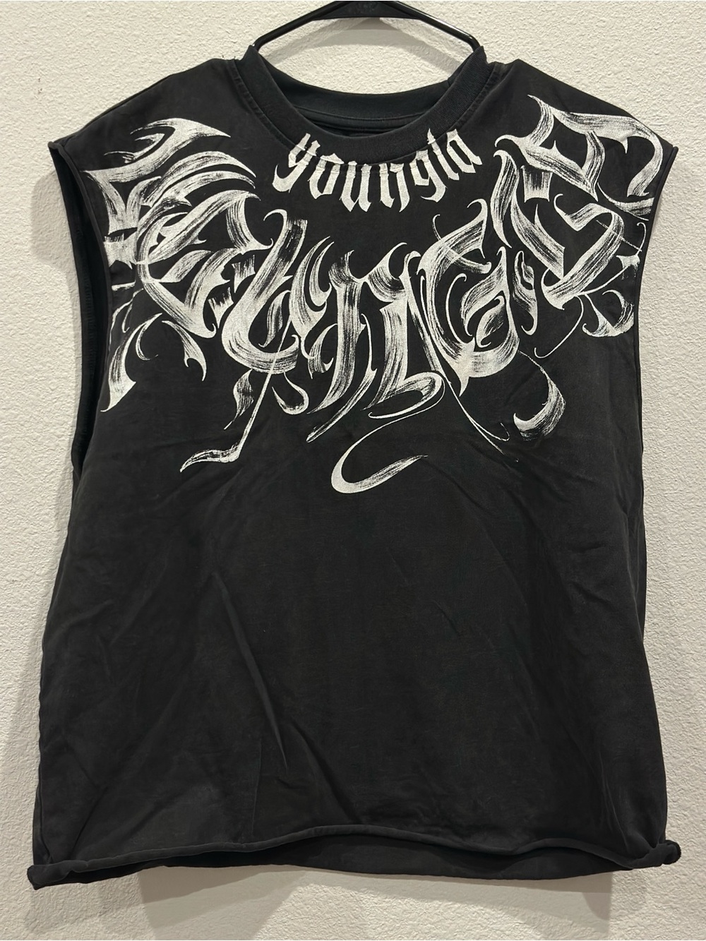 SOLD | YoungLA Black Muscle Tee with White Graphic Script